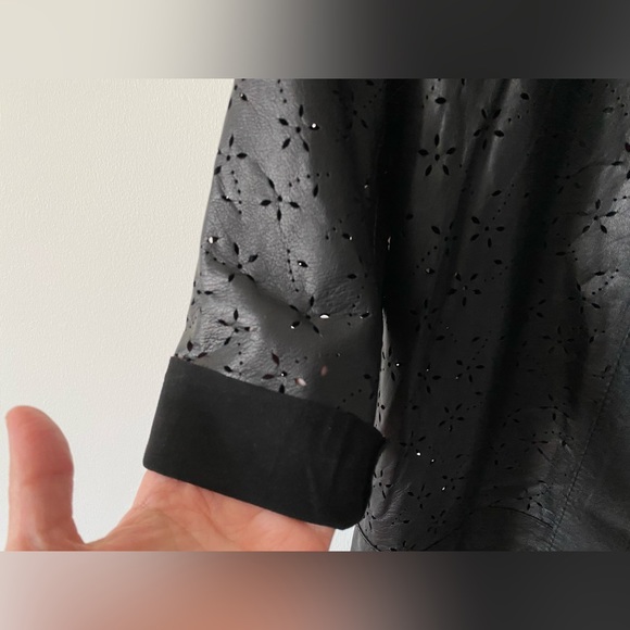 Italian Leather Duster Kimono Open Front Jacket, Pierced Cut Out Detail Black S - Picture 6 of 7